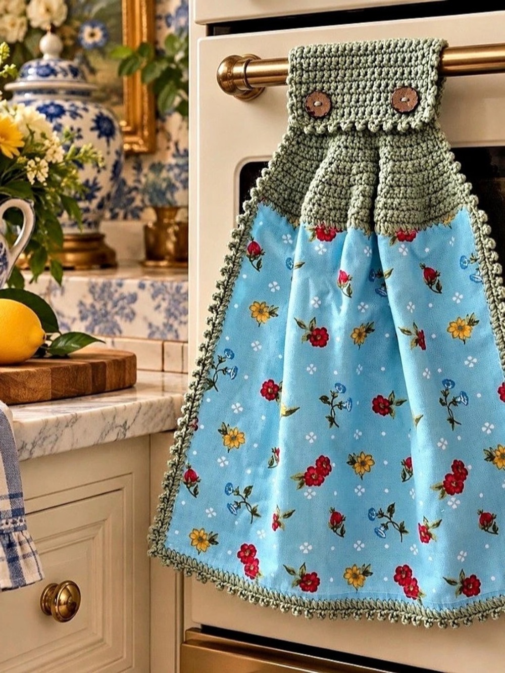 Artisan Handmade Crochet Hanging Kitchen Towel Aqua Floral Sage Yarn